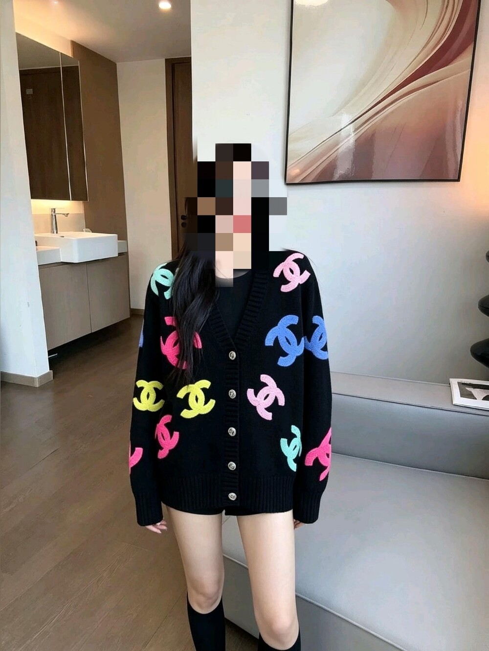 Chanel Black with Multicolor CC Logo Knit Cardigan Sweater - Picture 5 of 9